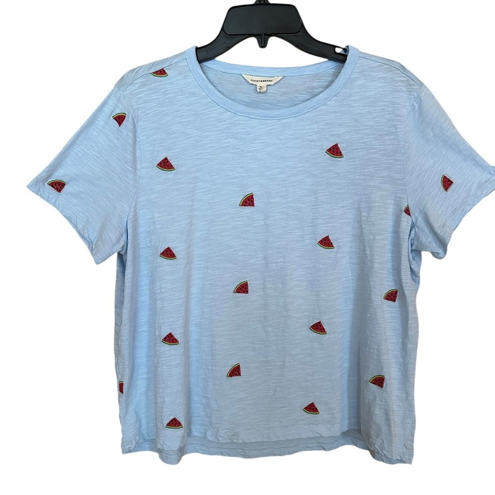 Lucky Brand Womens XL Watermelon Embroidered Short Sleeve Slub Knit T Shirt Blue